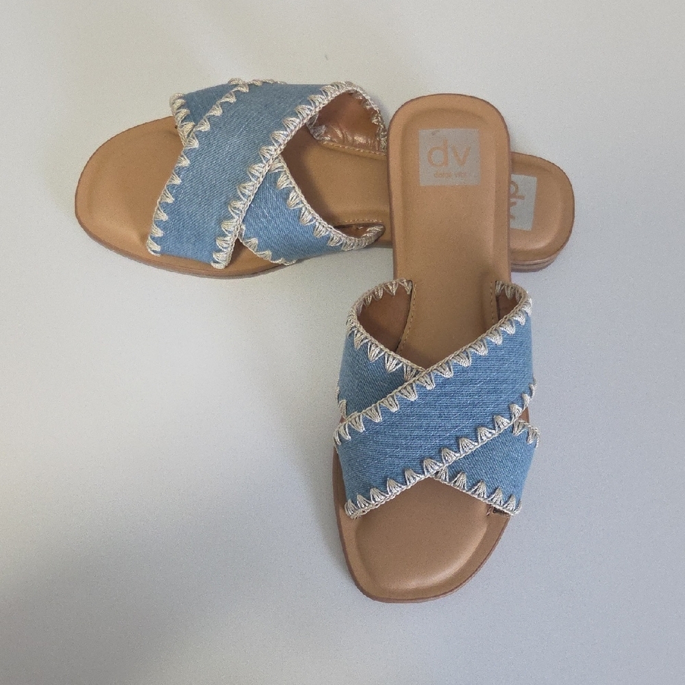 DV by Dolce Vita Denim Crisscross Slide Sandals with Whipstitch Trim